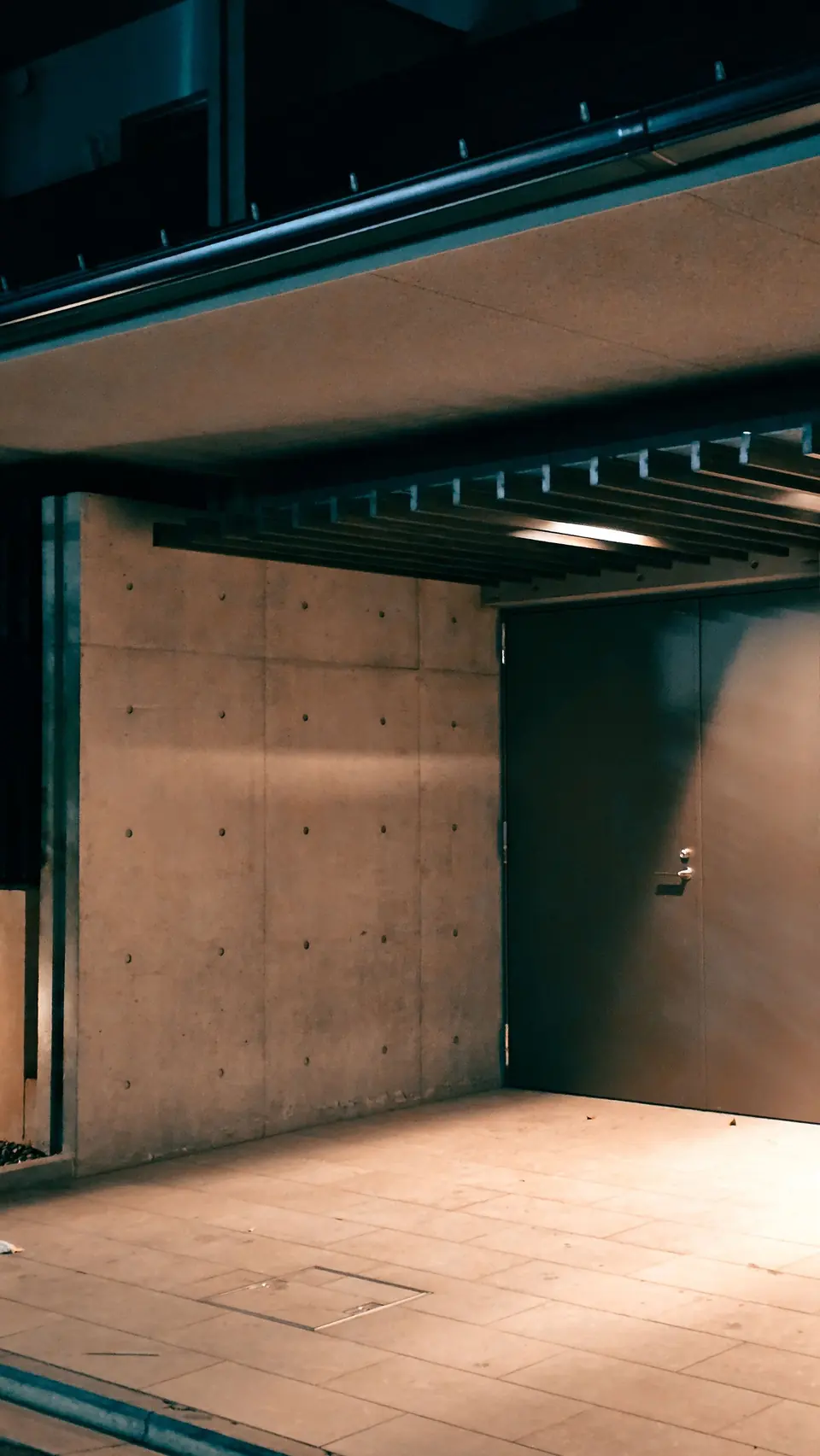 Board-marked concrete entrance hall lit by a single shaft of daylight